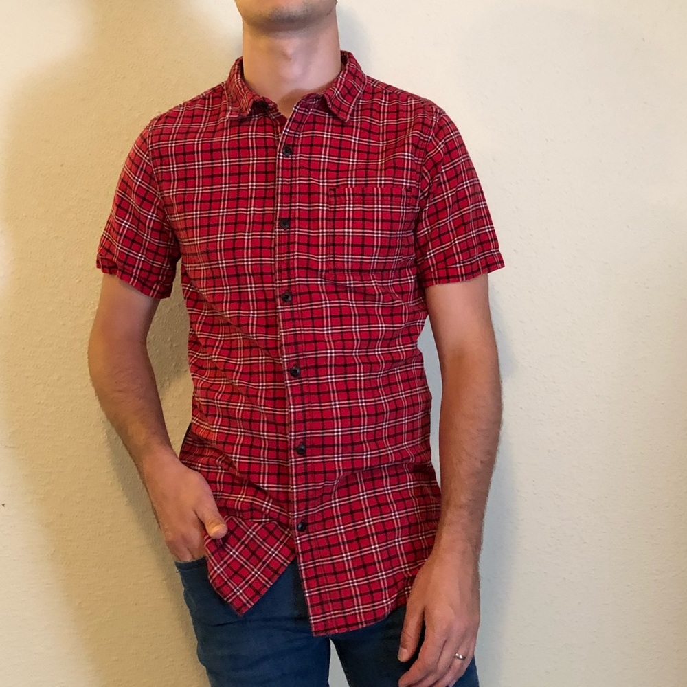 On The BYAS Red Plaid Longline Button up Shirt